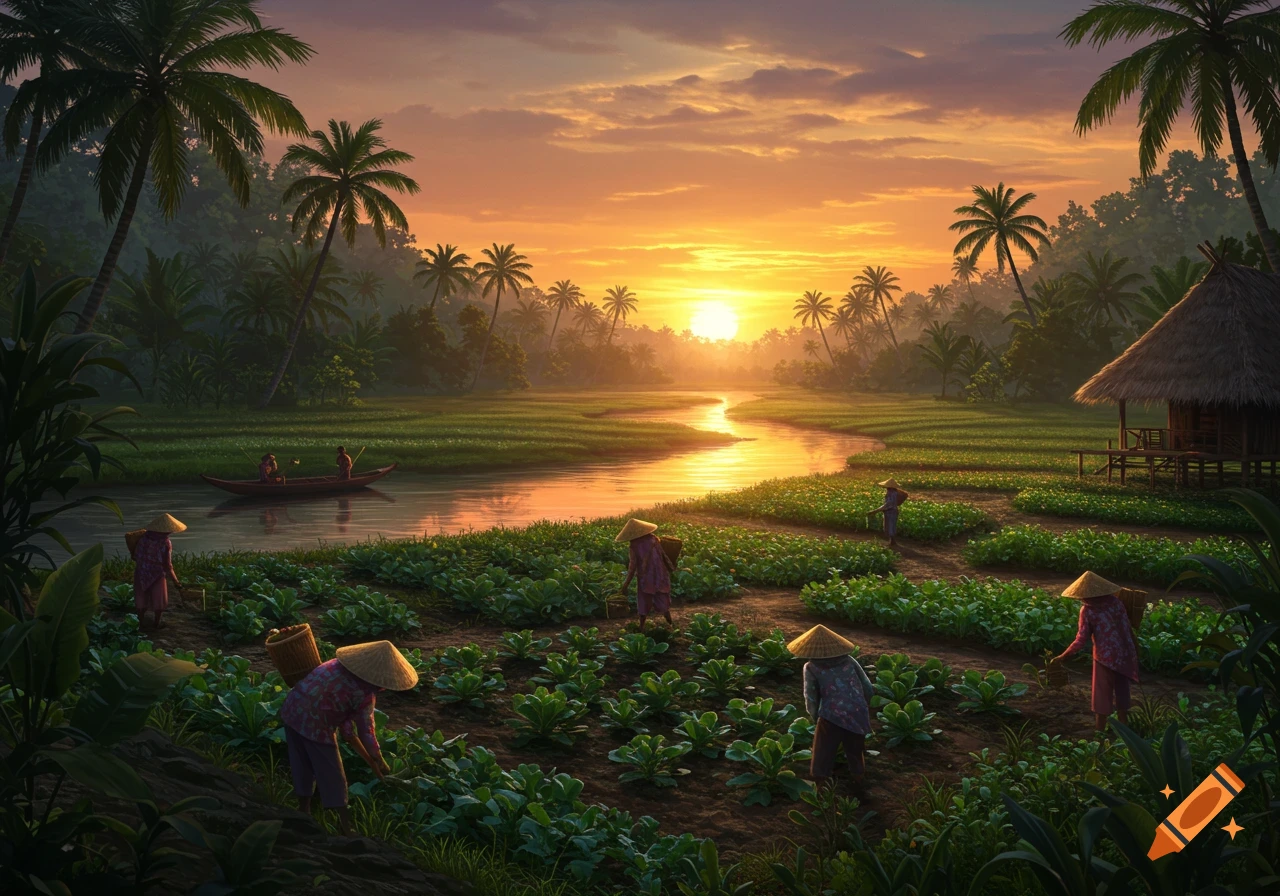 Tropical landscape at sunset with people farming in verdant fields, a winding river with a boat, and palm trees.