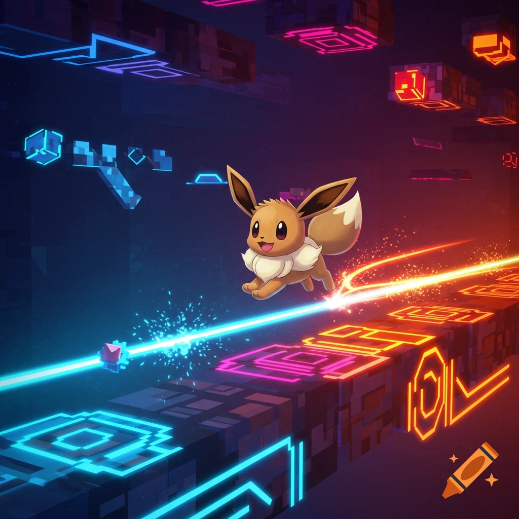 Eevee running on a glowing neon digital platform with geometric shapes and light trails, in a vibrant video game style.