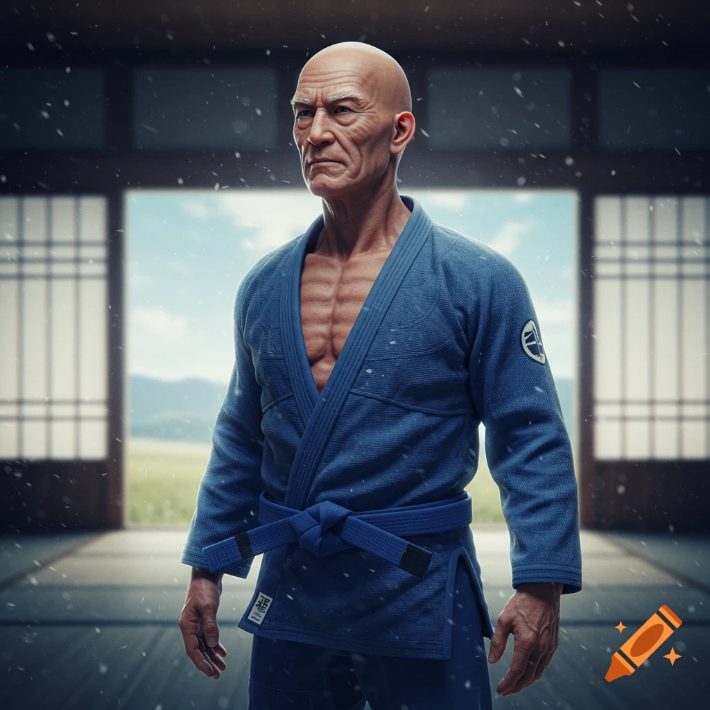 A bald, muscular old man in a blue jiu-jitsu gi with a blue belt stands indoors, looking sternly to the right. Snow falls around him.