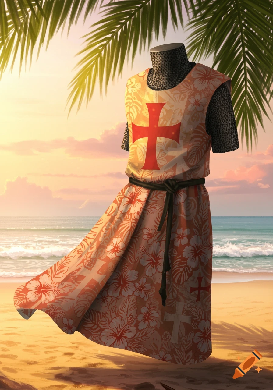 A chainmail crusader tunic with a red cross on a Hawaiian floral print stands on a sandy beach at sunset under palm fronds.