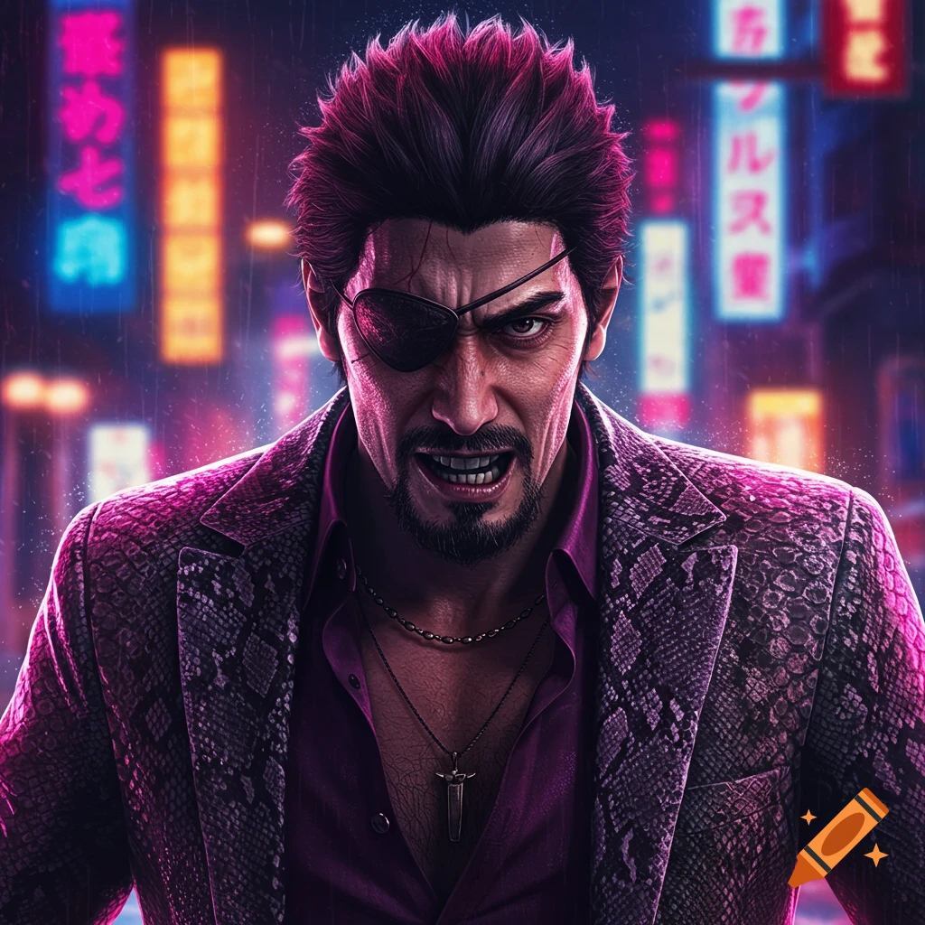 Close-up portrait of a fierce man with dark spiky hair, an eyepatch, goatee, and a purple snakeskin jacket, standing against a blurry neon city background.