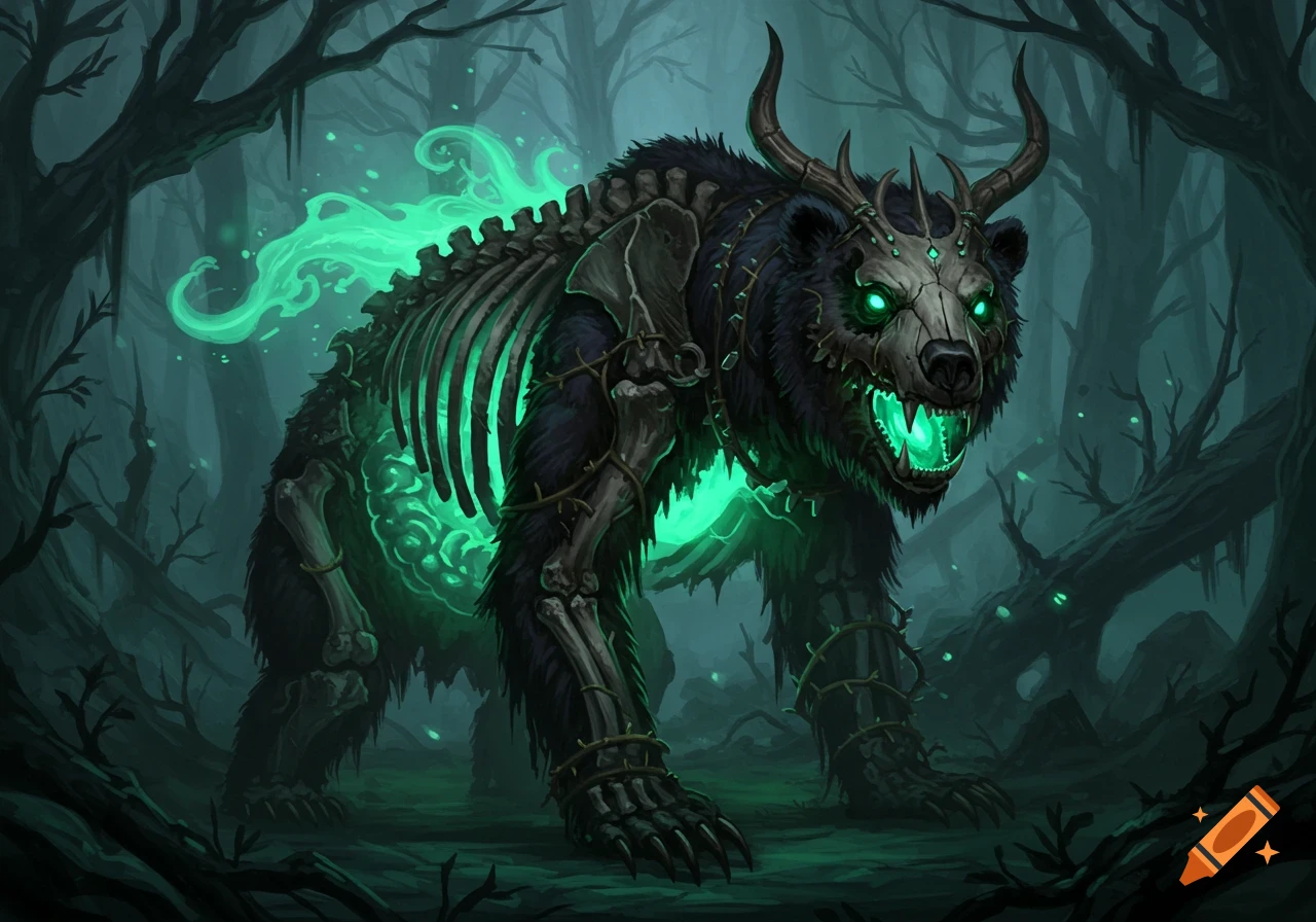 Undead bear with glowing green eyes and visible organs, wearing a skull mask, in a dark fantasy forest.