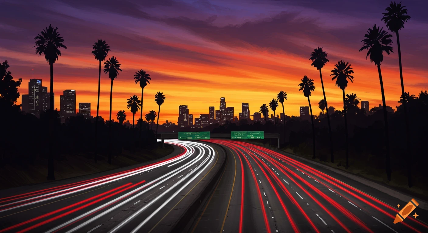 Stylized Los Angeles sunset with a highway showing red and white light streaks from traffic, silhouetted palm trees, and city skyline.