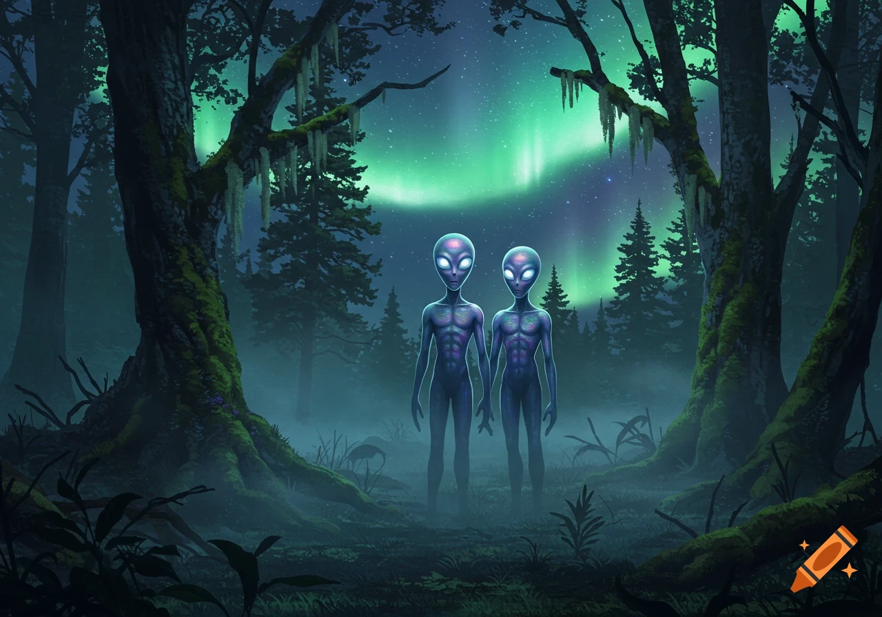 Two grey aliens stand in a dark, misty forest under a vibrant green aurora borealis, digital illustration.