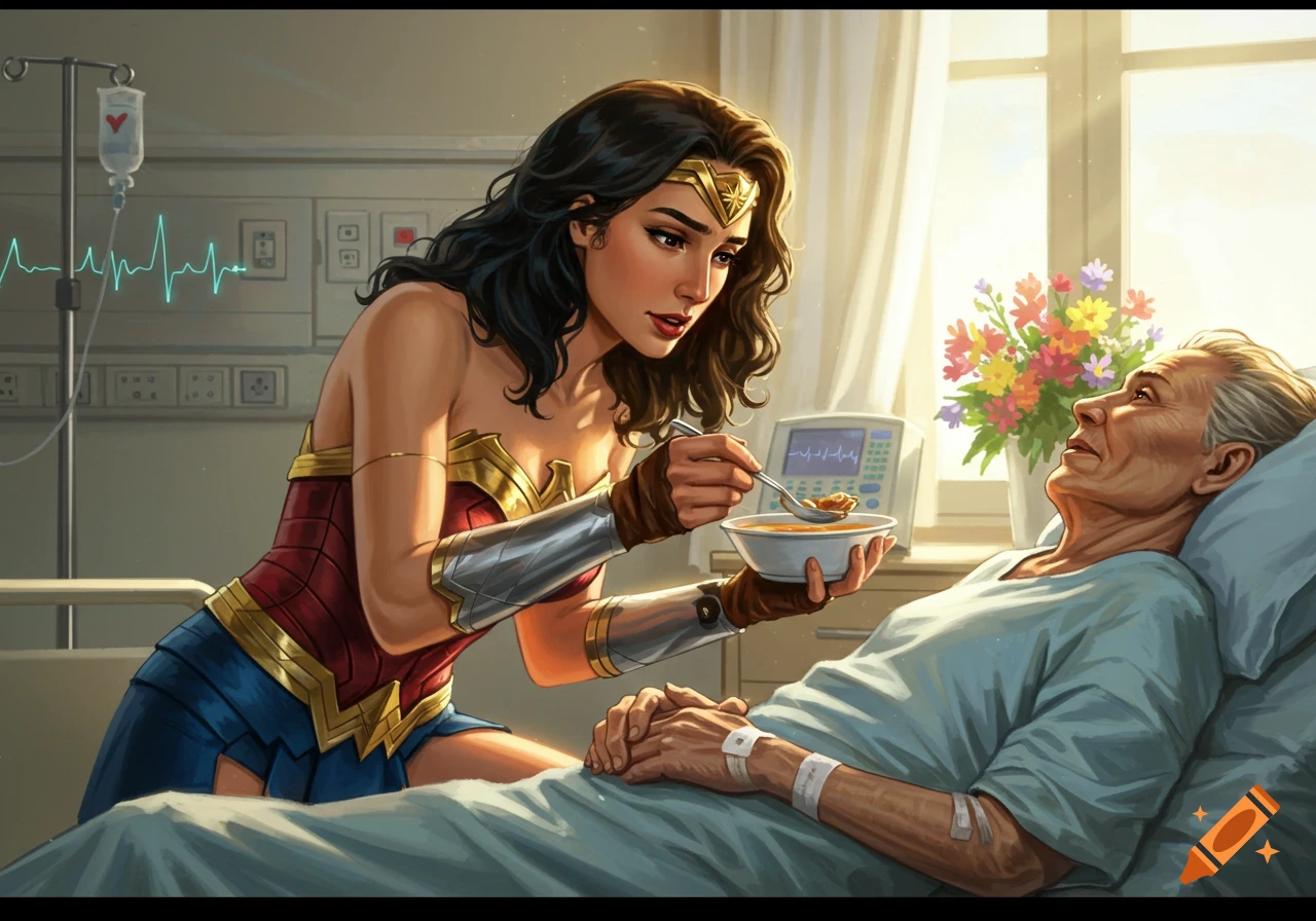 Wonder Woman feeds an elderly patient soup in a hospital room, depicted in a comic book art style.