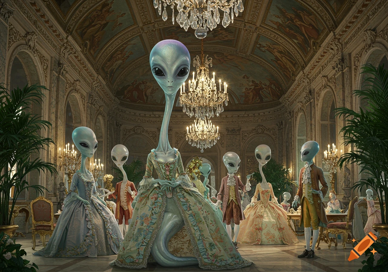 A group of tall, grey aliens in elaborate Rococo-style gowns and suits gather in a lavish, ornate ballroom with chandeliers.