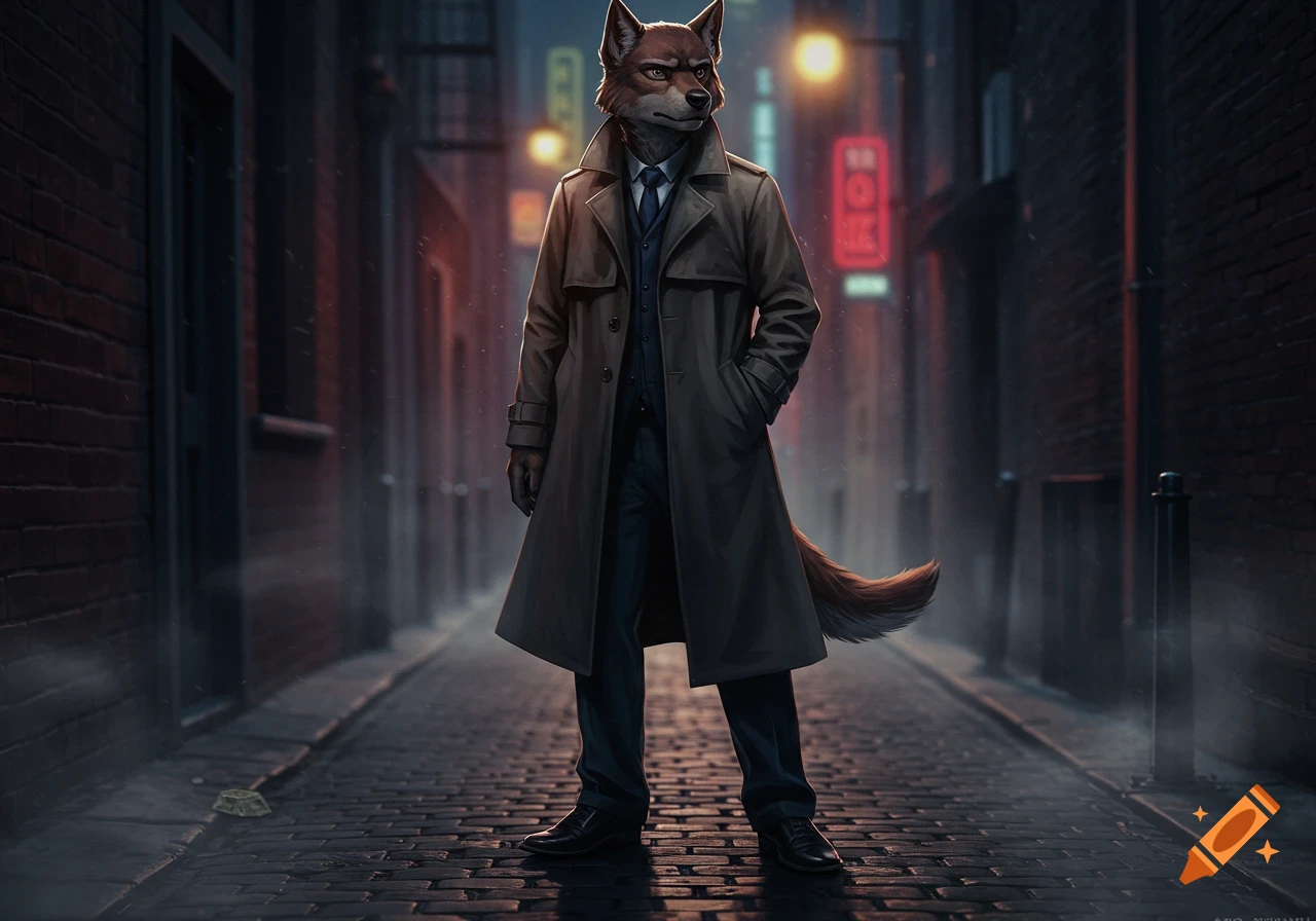 Anthro wolf detective in a trench coat stands in a dark, rainy alley lit by neon signs.