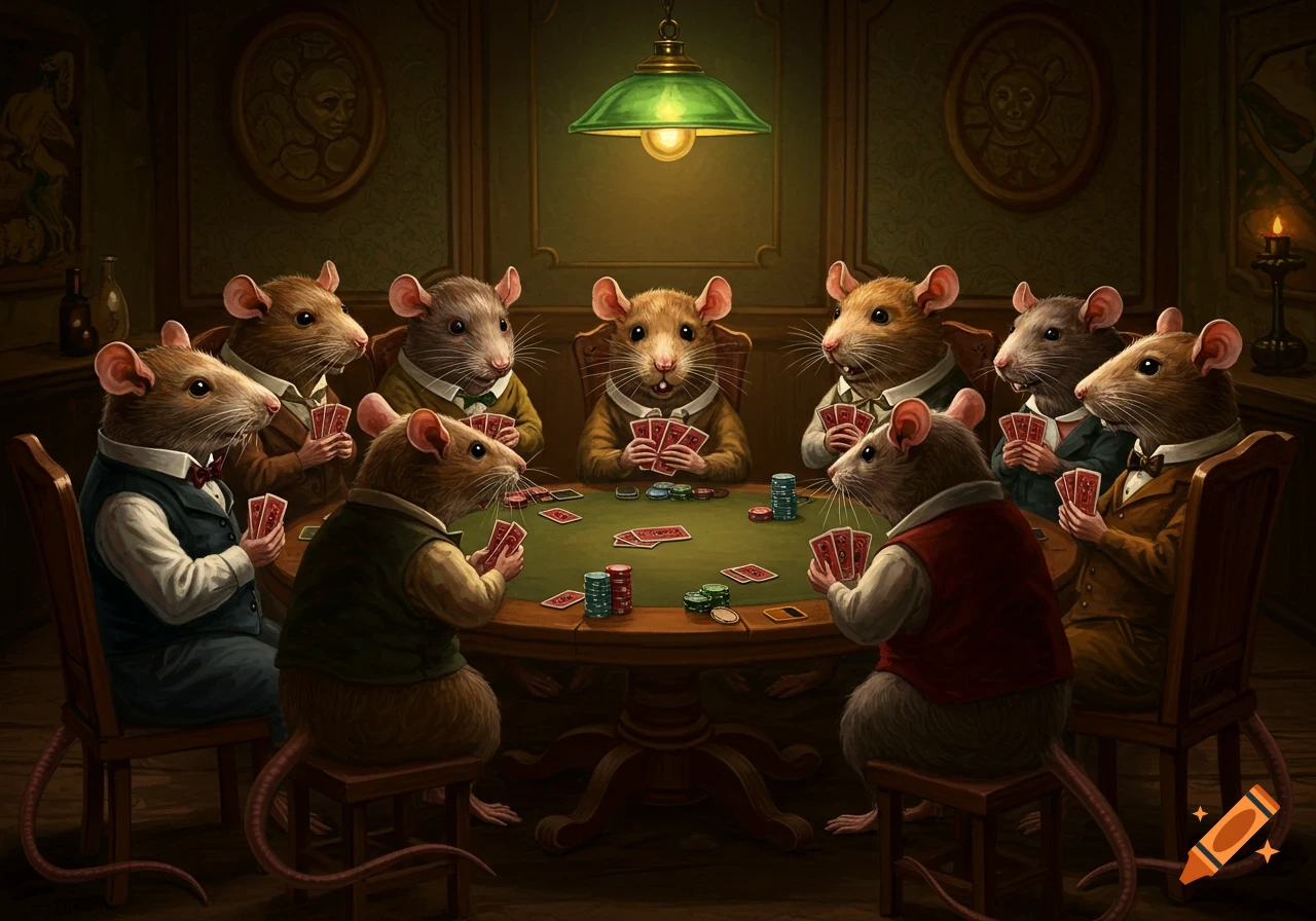 An elaborate painting depicts nine anthropomorphic rats in period clothing playing poker around a table under a green lamp.
