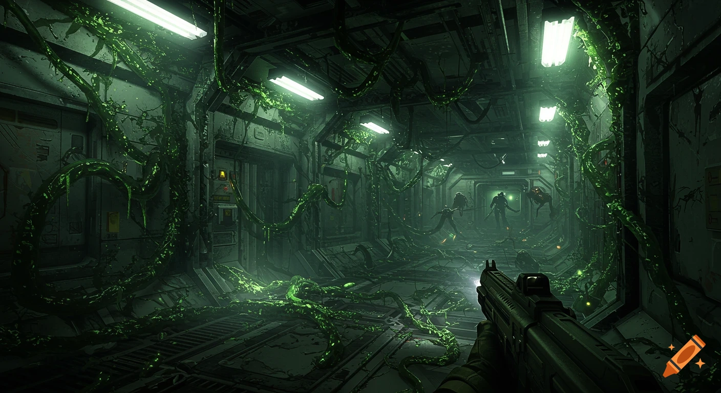 First-person view of a space marine holding a rifle in a dimly lit, alien-infested space station corridor with glowing green tendrils.