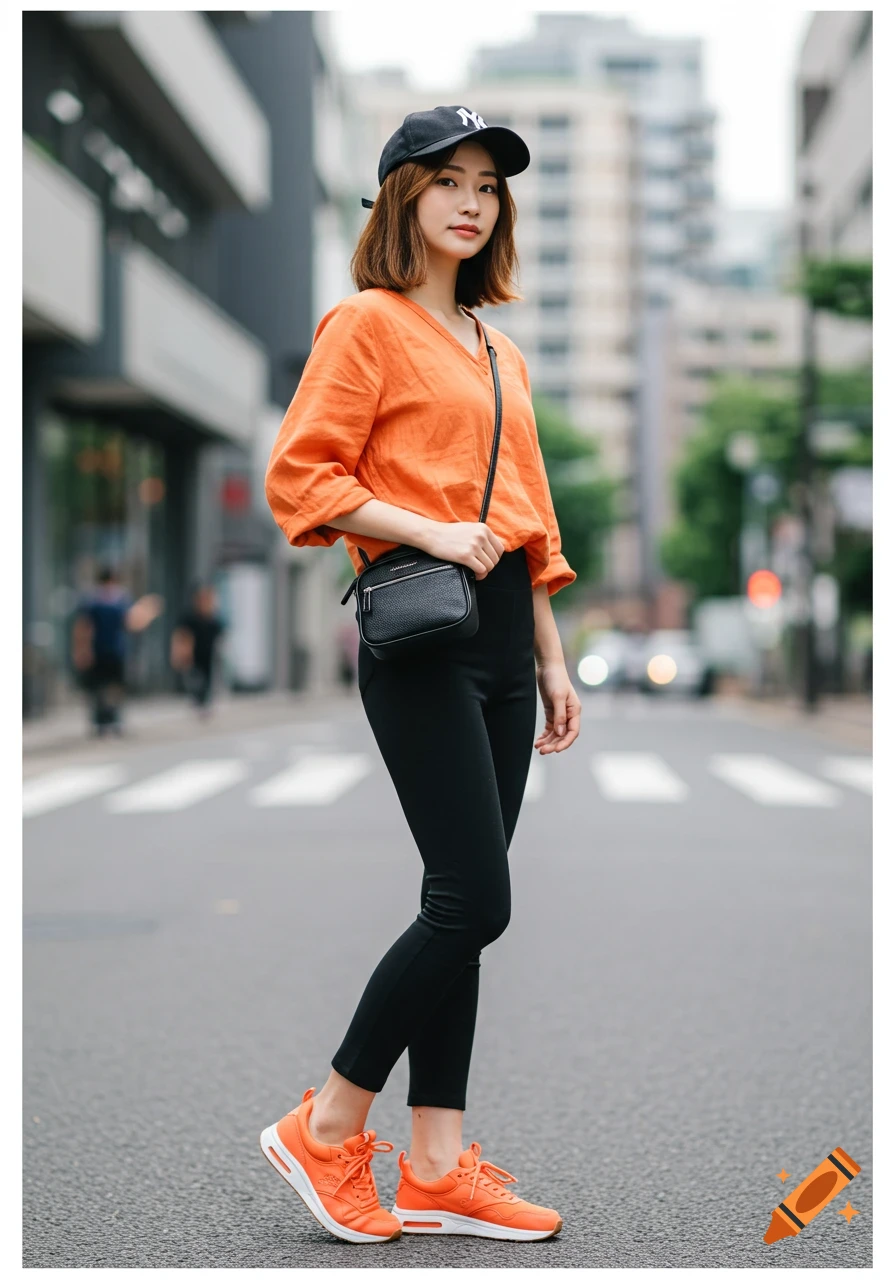 Photorealistic image of a young woman in an orange blouse, black leggings, orange sneakers, and a black cap, standing on a city street.