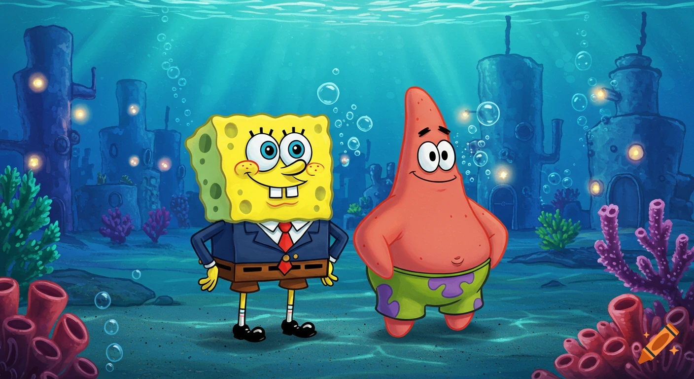 Spongebob Squarepants in a suit stands next to Patrick Star in shorts, underwater in Bikini Bottom.