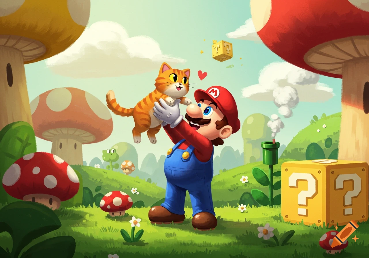 Mario happily holds up a smiling orange tabby cat in a vibrant Super Mario mushroom kingdom landscape with green hills, pipes, and question blocks.