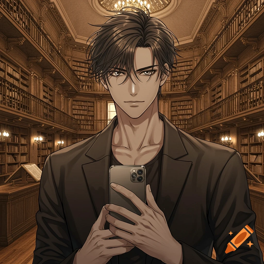 Anime-style man with dark hair holding a smartphone in a grand library filled with bookshelves.
