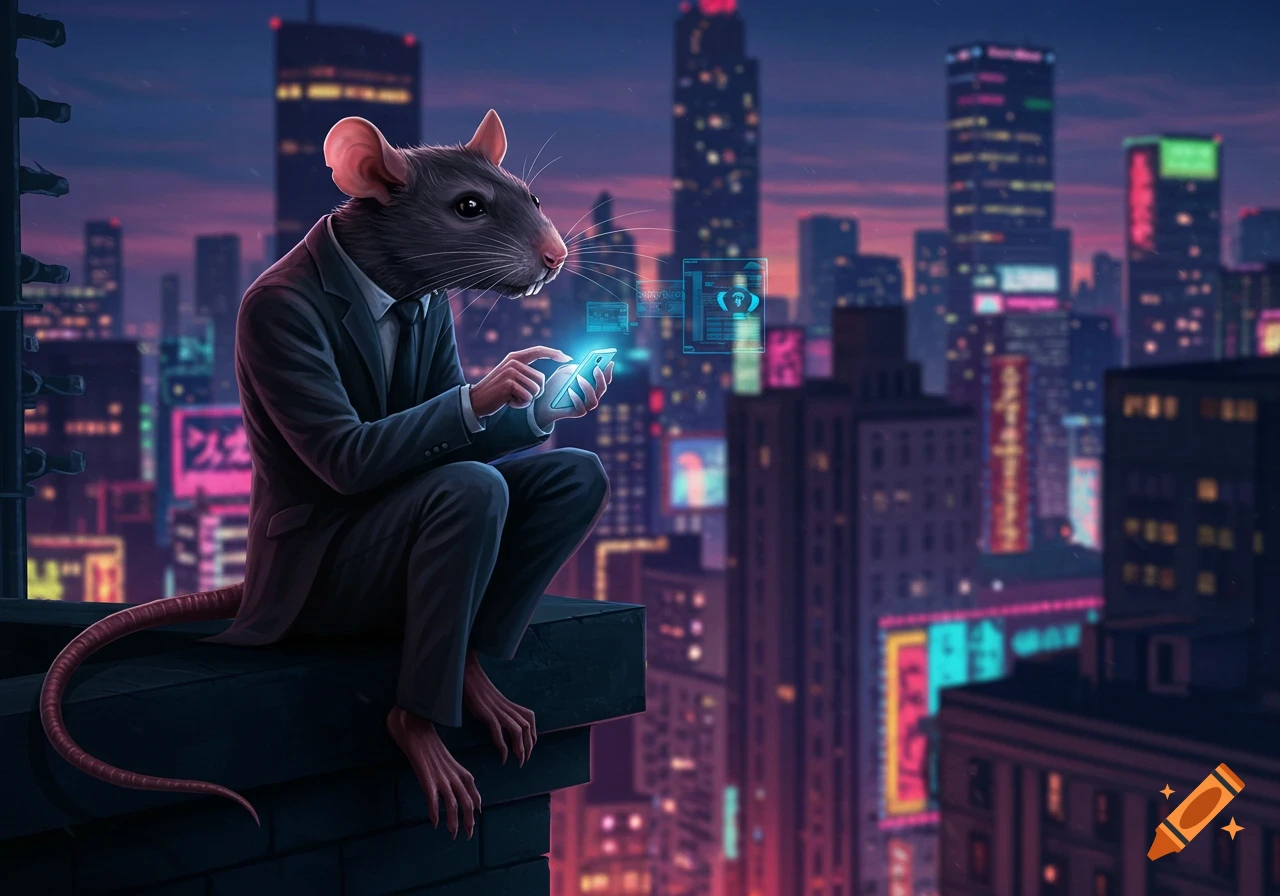 An anthropomorphic rat in a suit sits on a cyberpunk rooftop, using a glowing smartphone with holographic displays, overlooking a neon city at dusk.