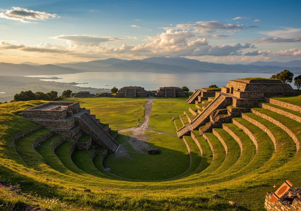Photorealistic view of ancient stone pyramids and terraced structures on a grassy hill overlooking a lake and mountains at sunset.