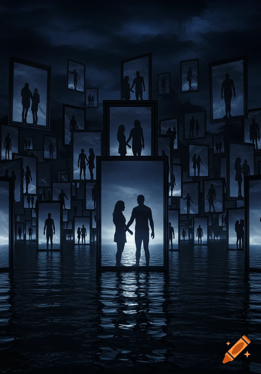 Numerous framed silhouettes of people, mostly couples, float on a dark, reflective ocean under a cloudy, stormy sky.