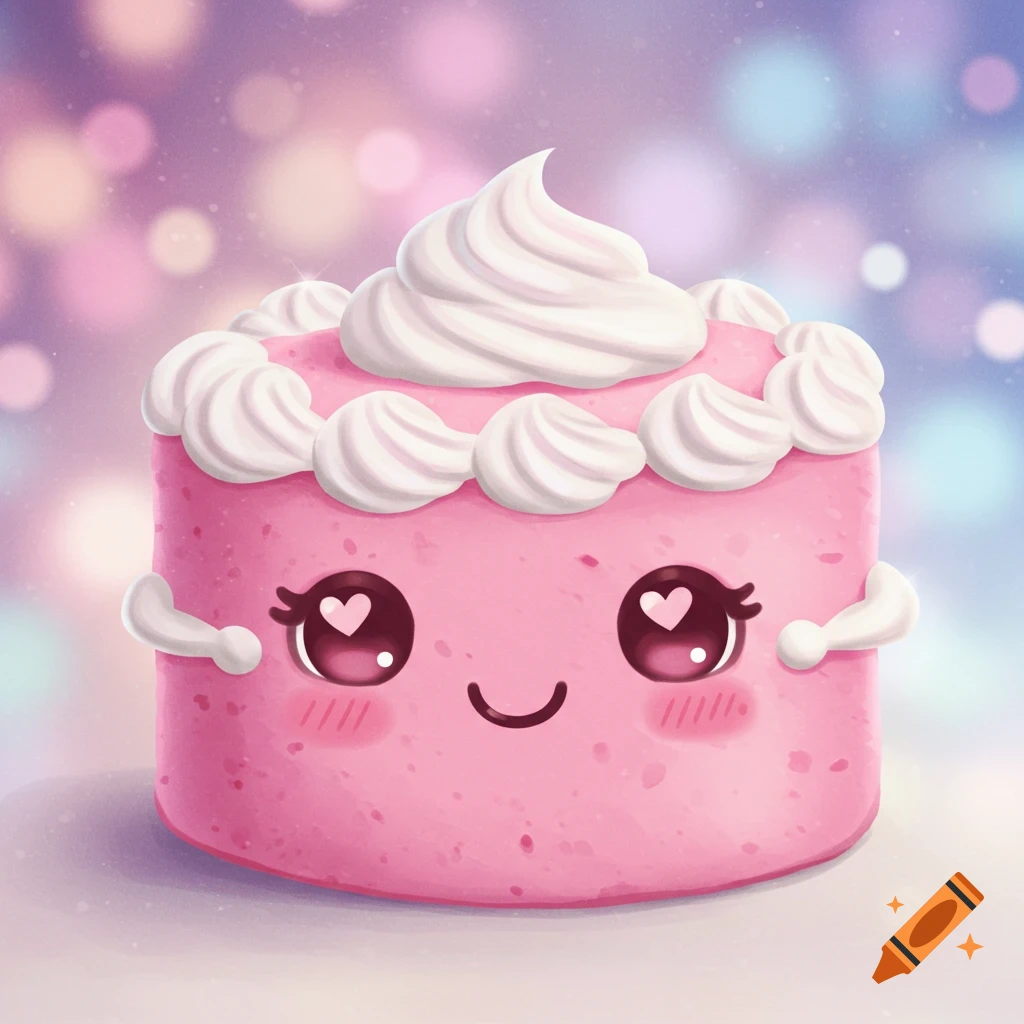 A cute pink cake with white frosting, kawaii eyes, a smiling mouth, and rosy cheeks, against a dreamy bokeh background.