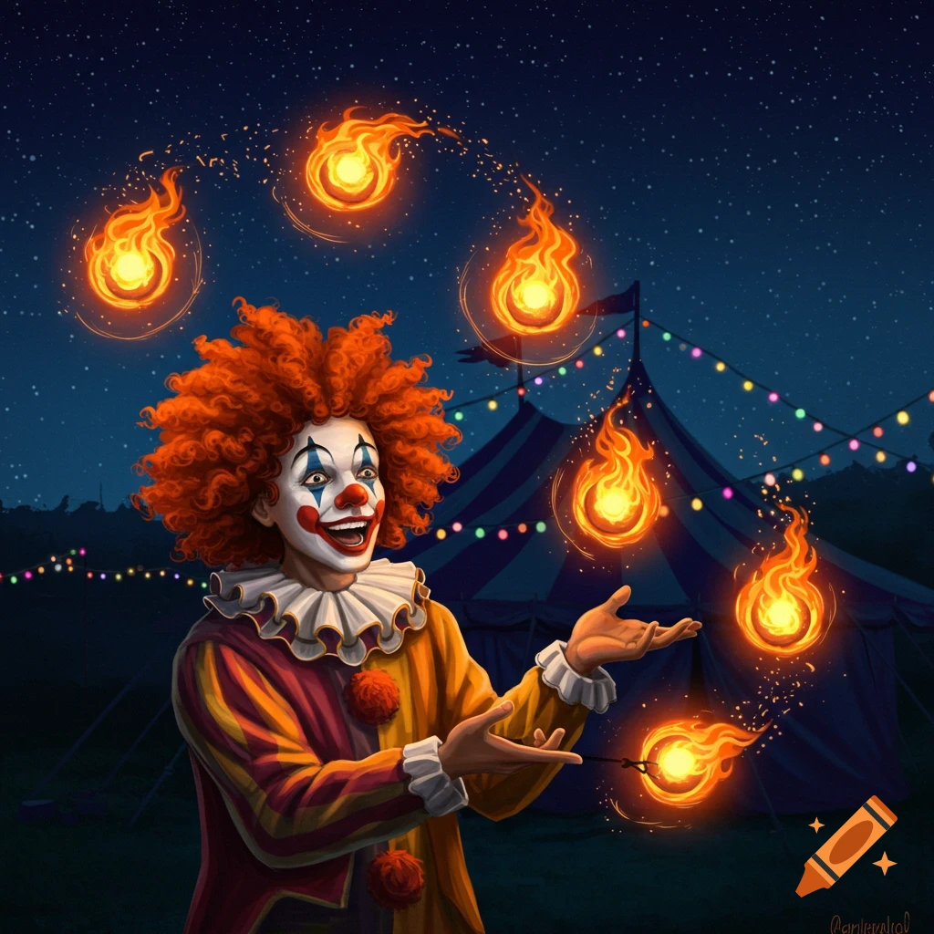 A whimsical illustrated clown with red curly hair juggles glowing fireballs under a starry night sky, with a circus tent in the background.