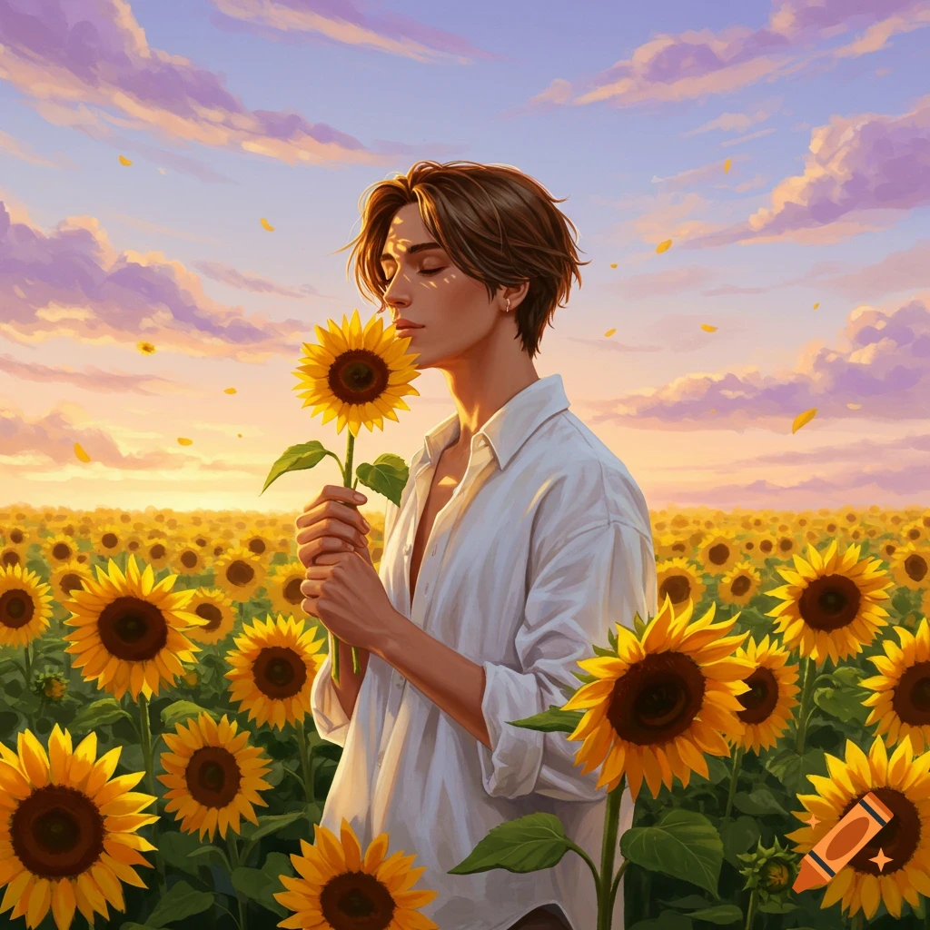 A person in a white shirt stands in a vast sunflower field at sunset, smelling a sunflower in an illustrative art style.