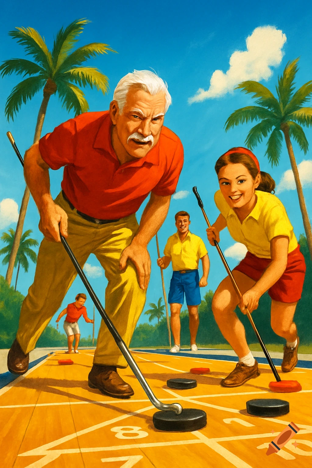 A retro illustration of an older man and a young girl playing shuffleboard on an outdoor court with palm trees.