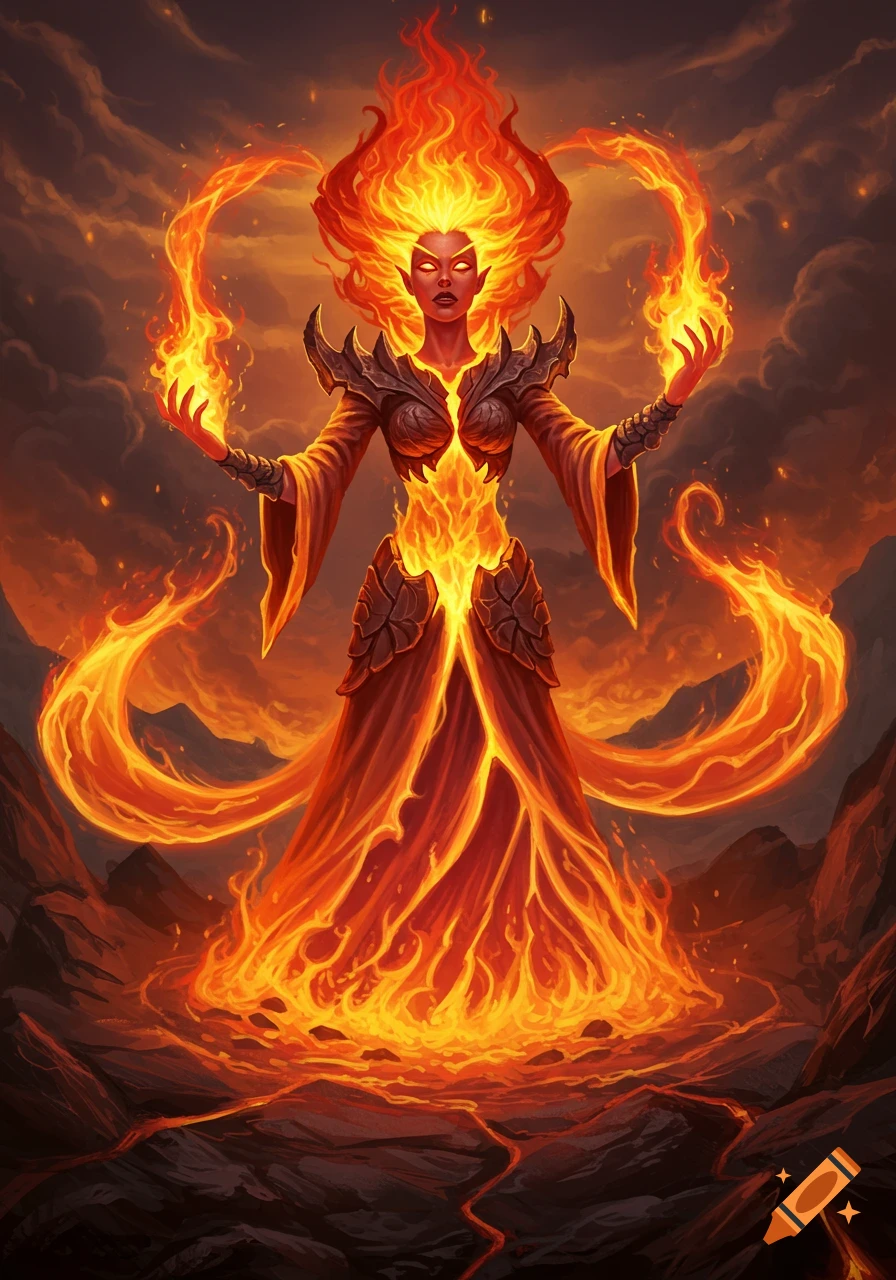 A digital painting of a fire mage standing in a volcanic landscape, enveloped in flames and summoning fire.