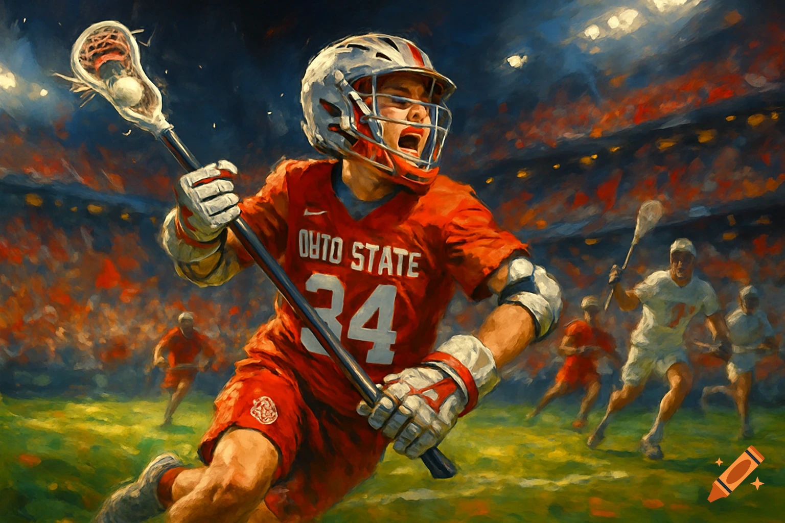 Painterly image of a lacrosse player in a red #34 uniform, running with a stick on a field during a game with stadium lights and crowd.