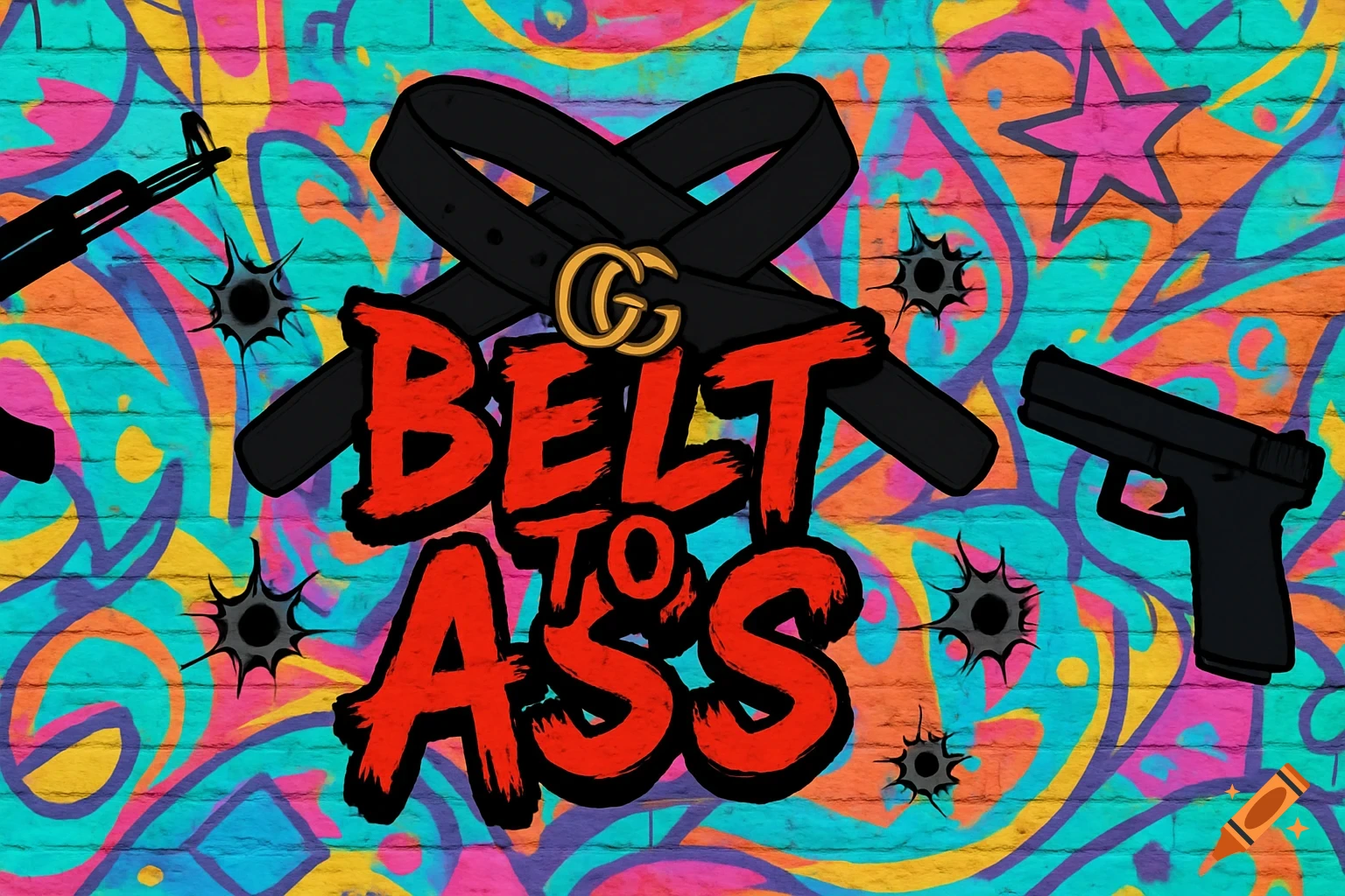 Cartoon graffiti mural with "BELT TO A$$" text, two crossed belts, an AK-47, a Glock, and bullet holes on a brick wall.
