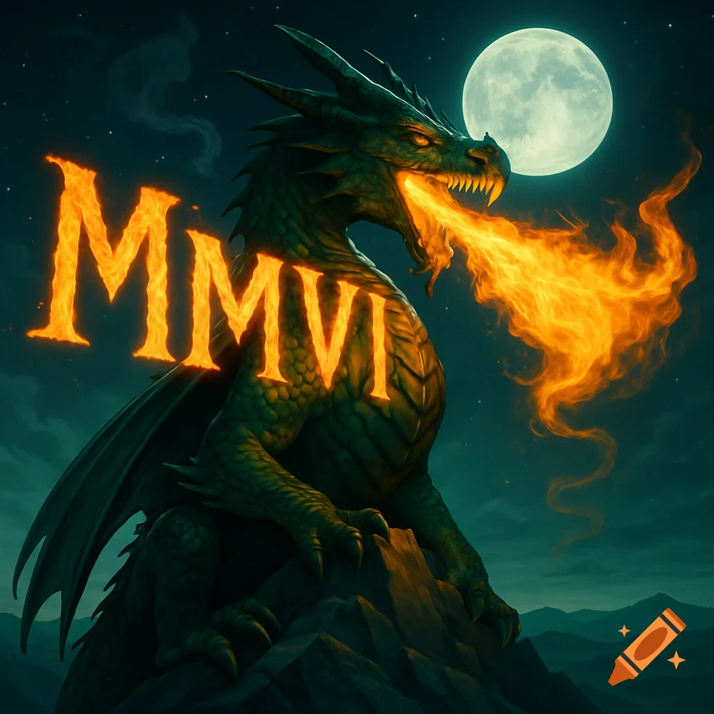 Green dragon breathing fire forming 'MMVI' under a full moon, perched on a rocky mountain at night.