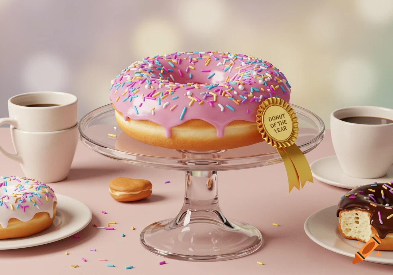 A large pink-frosted donut with colorful sprinkles on a glass cake stand, adorned with a "Donut of the Year" ribbon. Coffee cups and other donuts are on a light pink table.