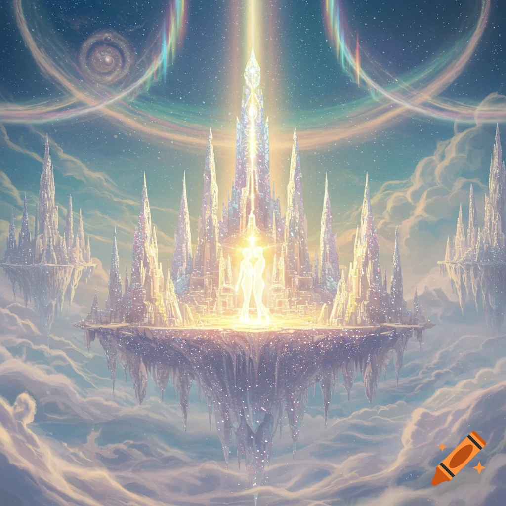 A radiant crystalline city with spires floats above clouds in a starry sky, featuring two luminous ethereal figures at its heart.