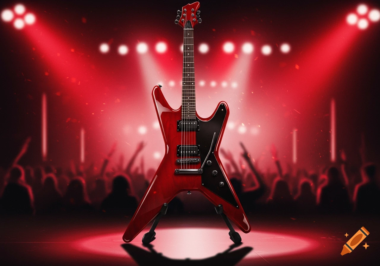 A red and black angular electric guitar stands on a stage bathed in red spotlights, with a blurred crowd in the background.