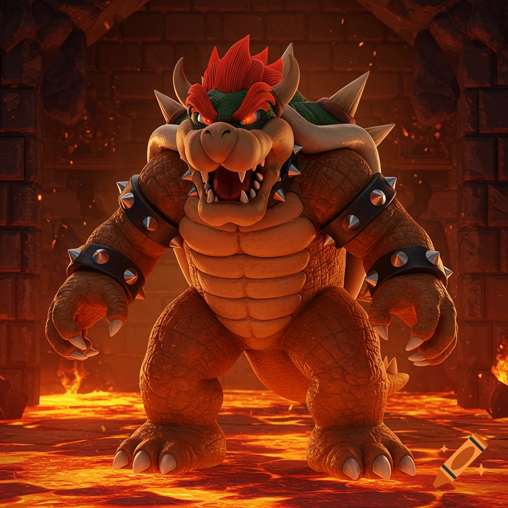 Bowser, the giant turtle-like villain, stands menacingly in a dark volcanic dungeon filled with glowing lava.