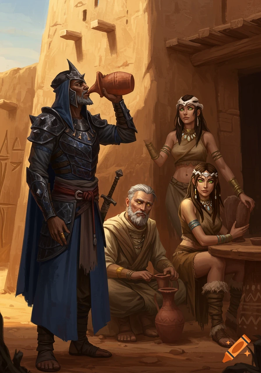 Fantasy art of a man in dark armor drinking from a jug, an old man, and two women in ancient desert attire near a clay building.