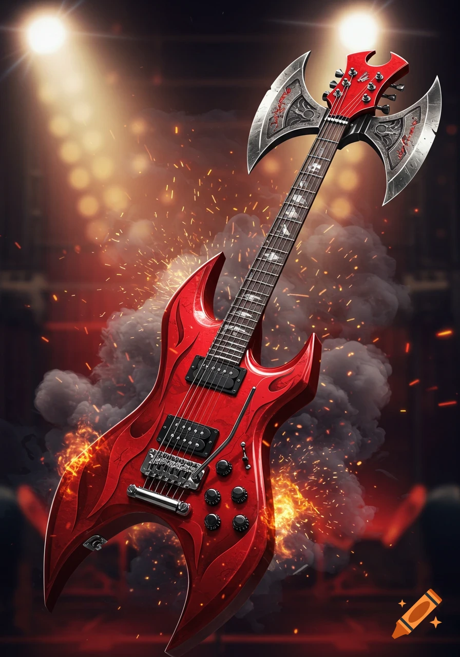 A vibrant red electric guitar with an axe-shaped headstock, surrounded by sparks, smoke, and stage lights.