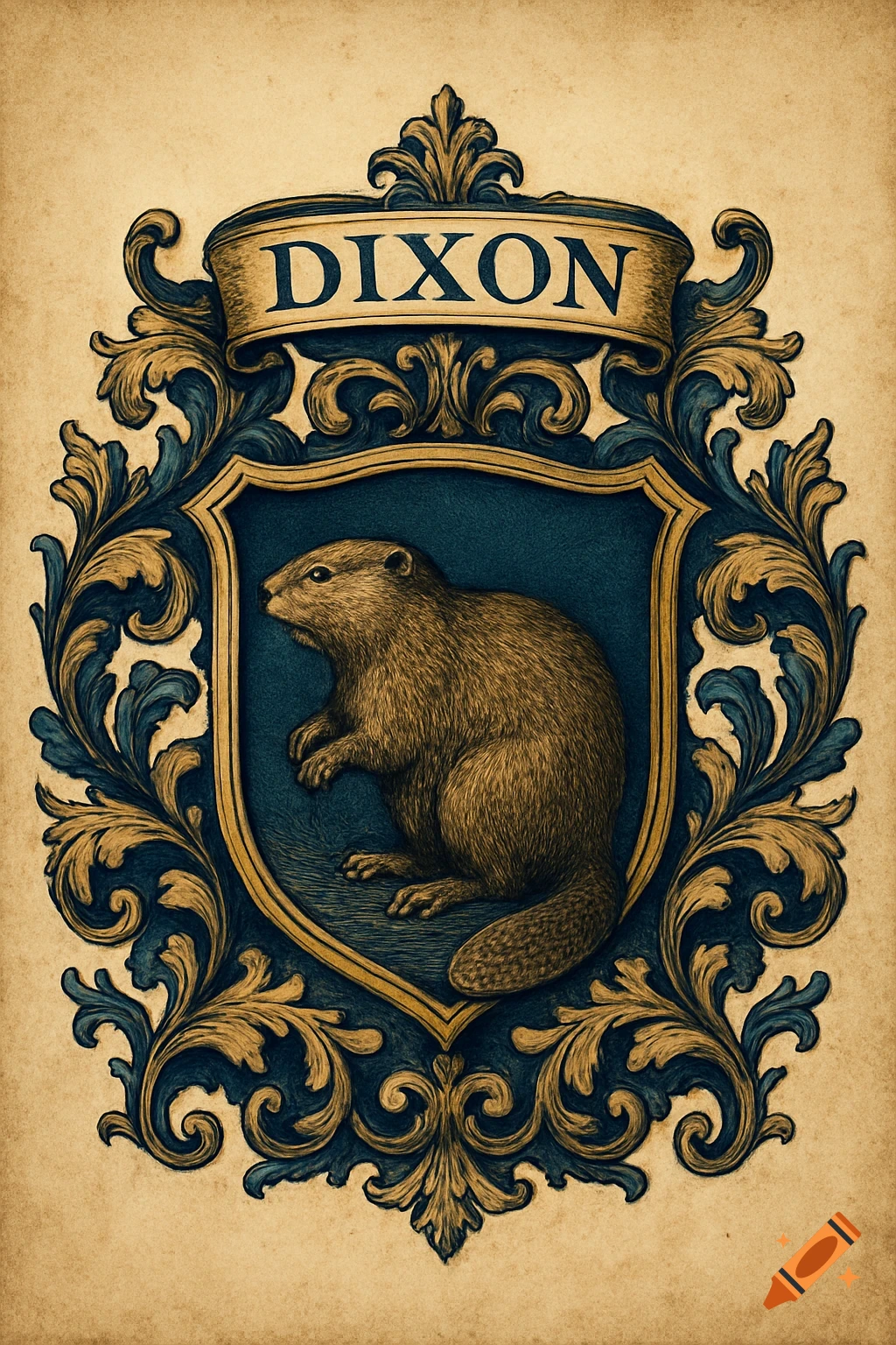 Vintage heraldic emblem featuring a beaver in a shield, with 'DIXON' on a banner, ornate gold and blue scrolling.