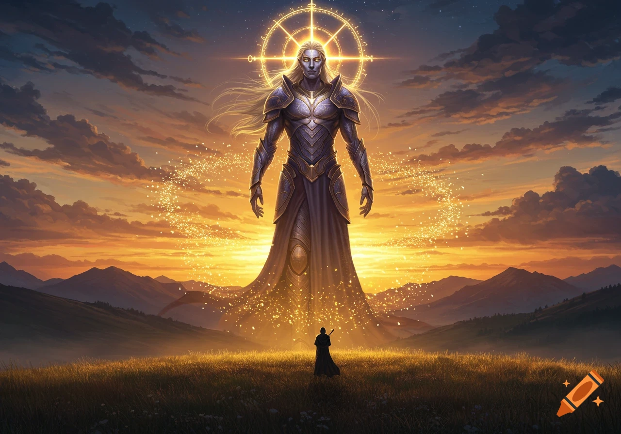 A towering, armored god-like figure with a glowing halo stands against a vibrant sunset, watched by a small cloaked person in a grassy field.