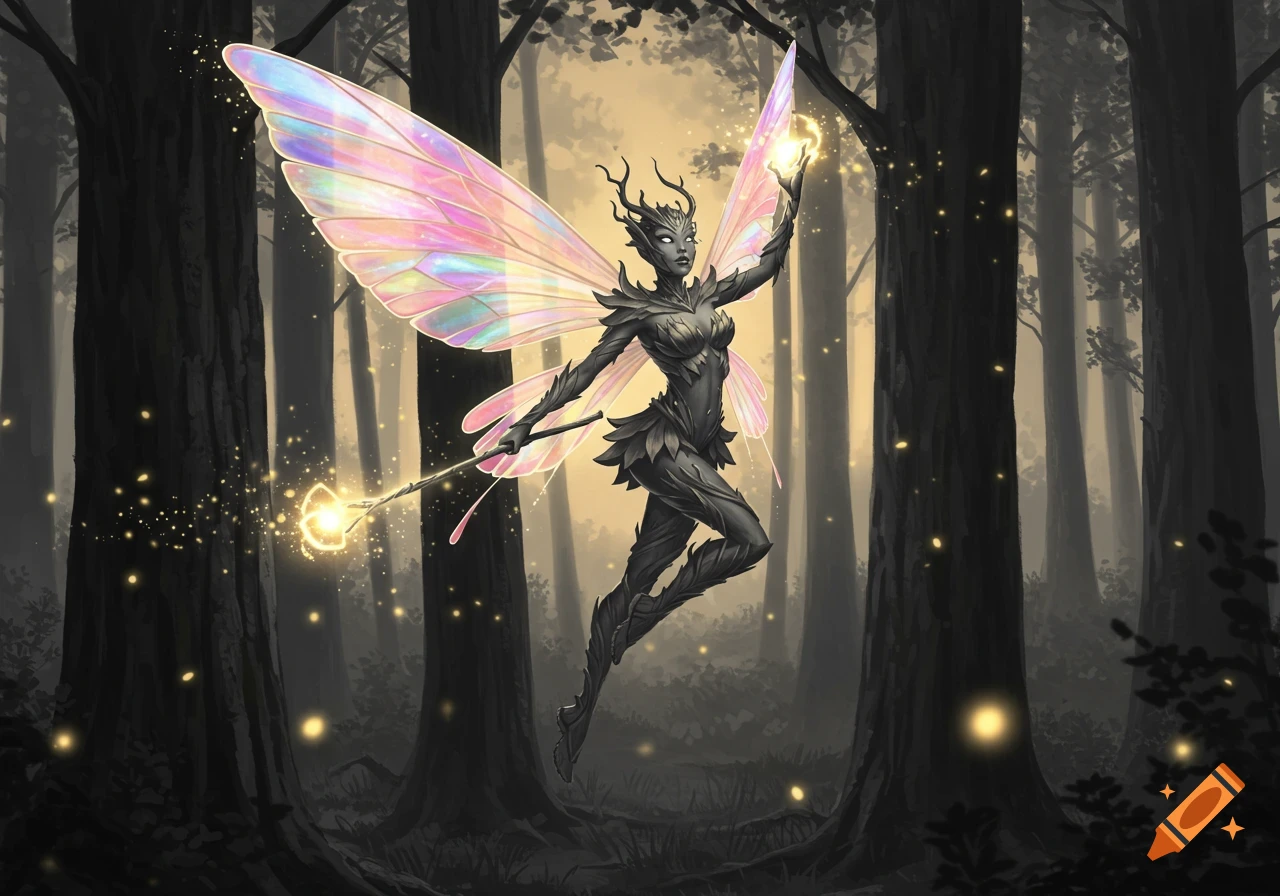 A dark fantasy fairy with iridescent wings floats in a dim forest, holding a glowing staff and orb.