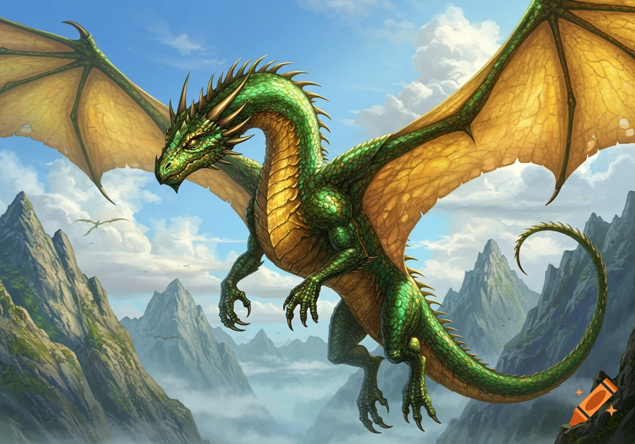 A vibrant green and gold dragon with large wings soars above misty, jagged mountains under a blue, cloudy sky.