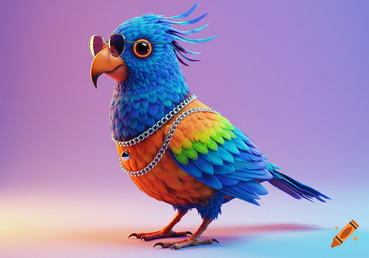A colorful, stylized parrot wearing sunglasses and a silver chain against a purple background.