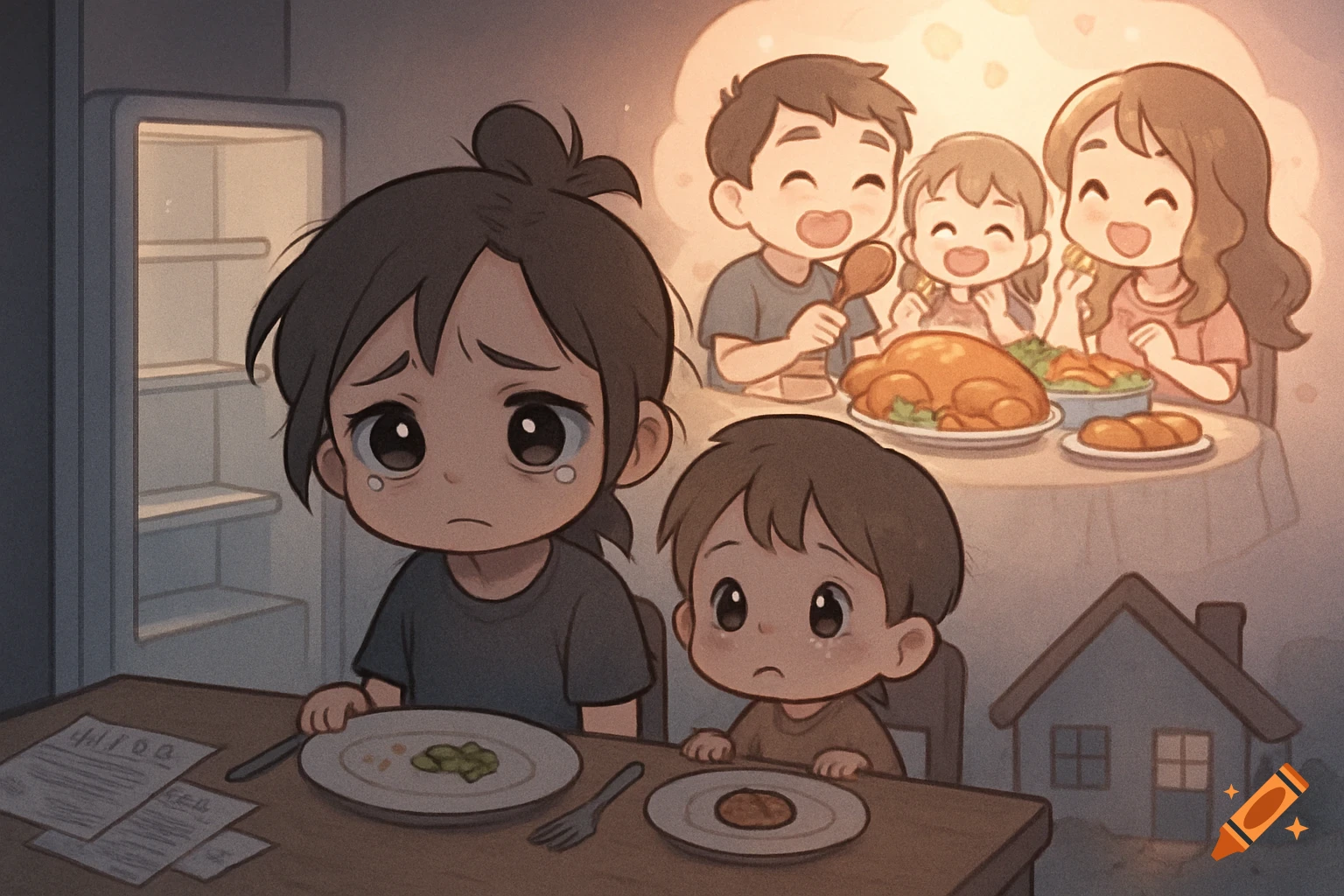 Chibi illustration showing a sad single parent and child at a bare table with an empty fridge, contrasting with a cheerful family enjoying an abundant meal.