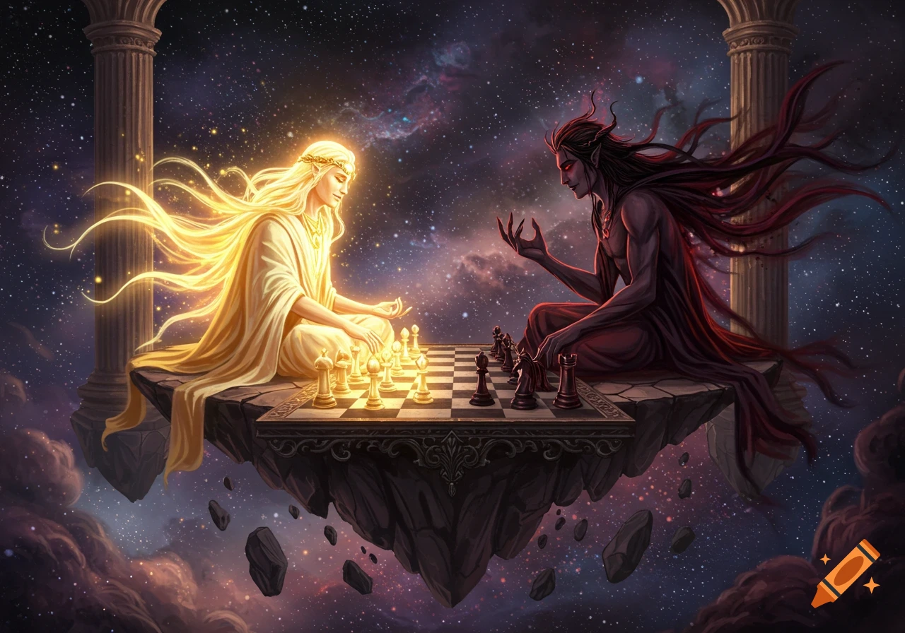 A radiant god of light and a dark, shadowy god playing chess on a floating island in a cosmic starry void, digital art.