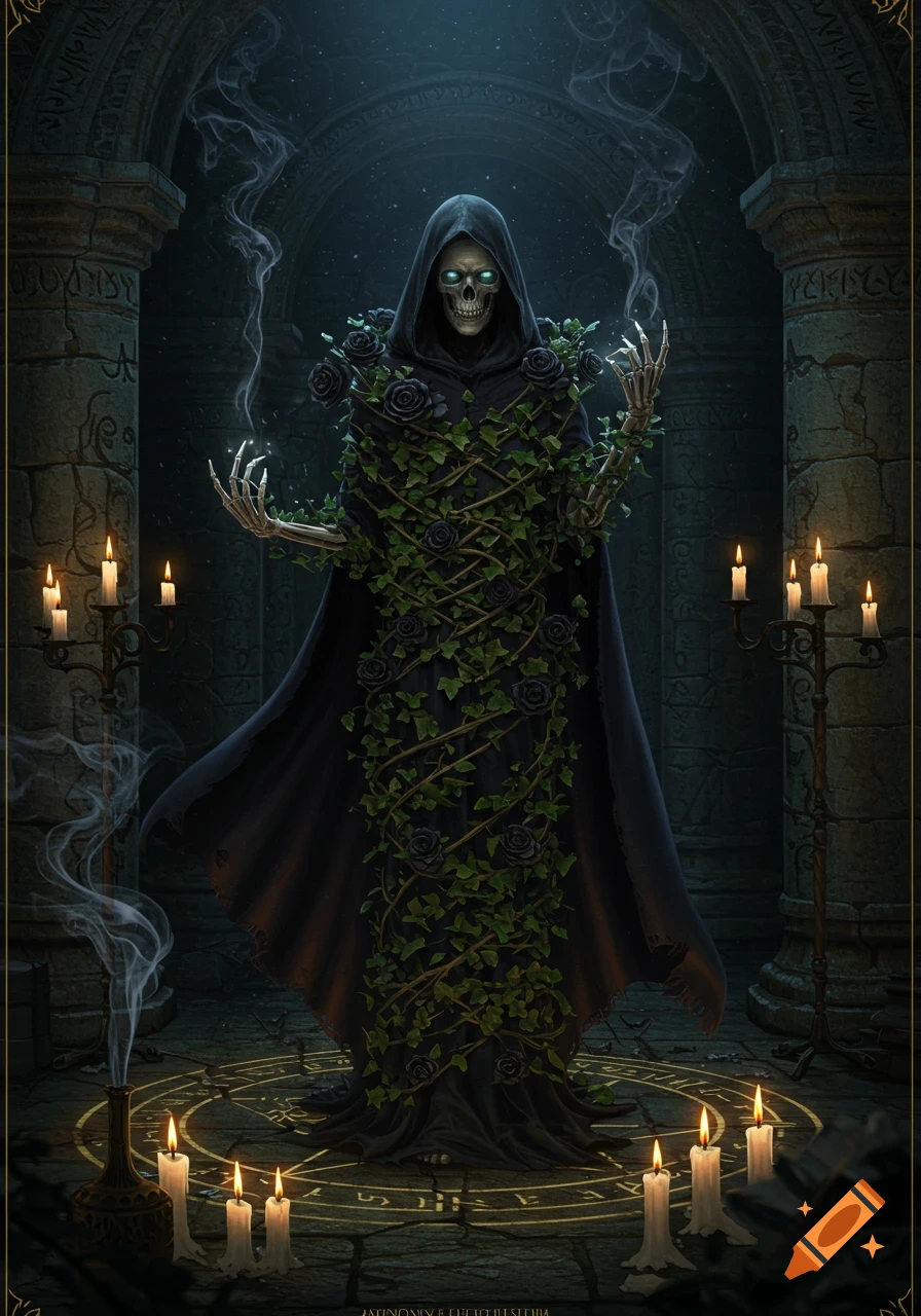 A skeletal figure in a dark hooded cloak, covered in ivy and black roses, stands in a dark stone chamber with candles and glowing magical symbols.