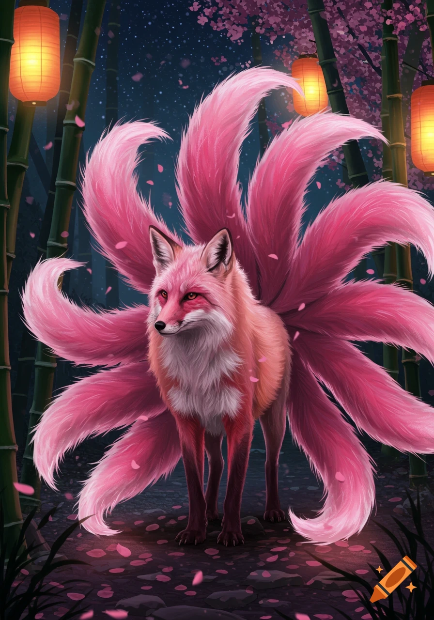 A vibrant pink nine-tailed kitsune stands in a magical bamboo forest with glowing lanterns and falling cherry blossoms.