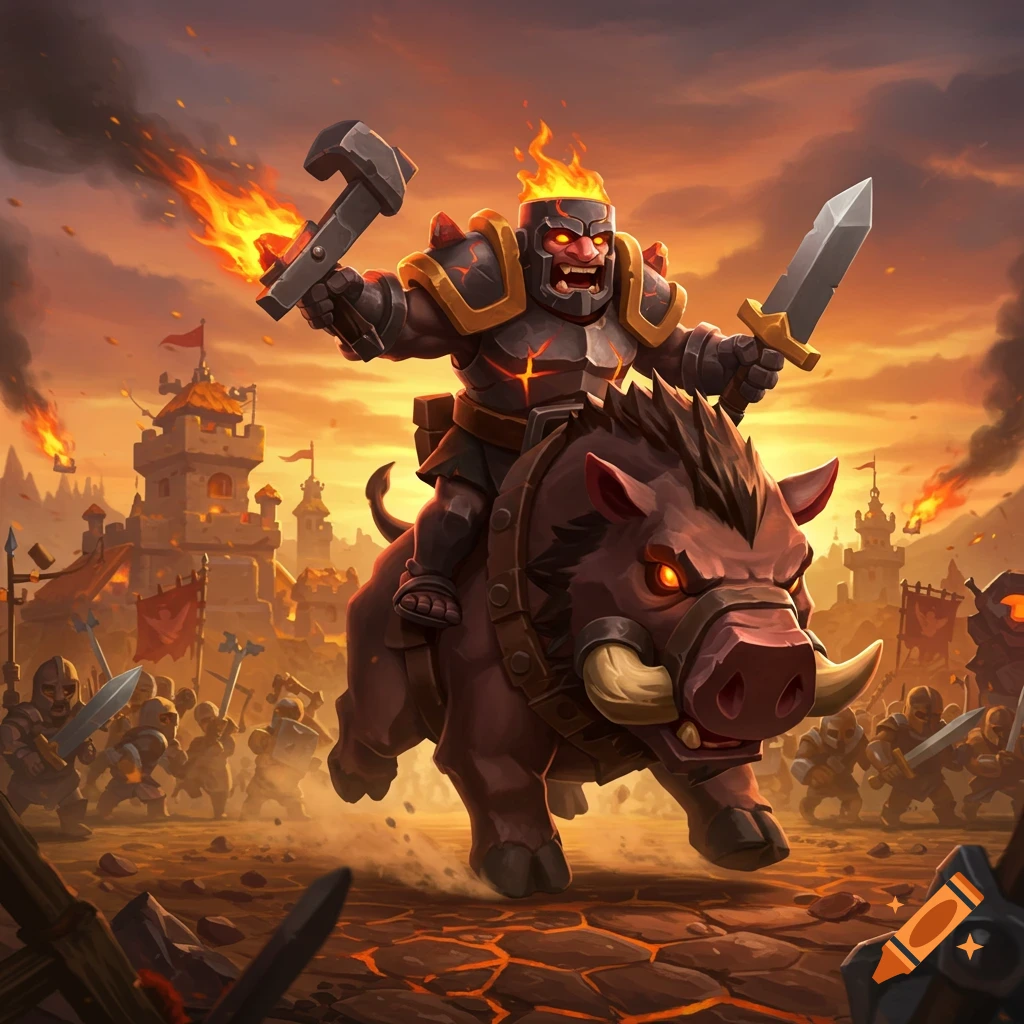 Stylized warrior with fiery hair and armor rides a fierce boar into a burning battlefield with a castle in video game art style.