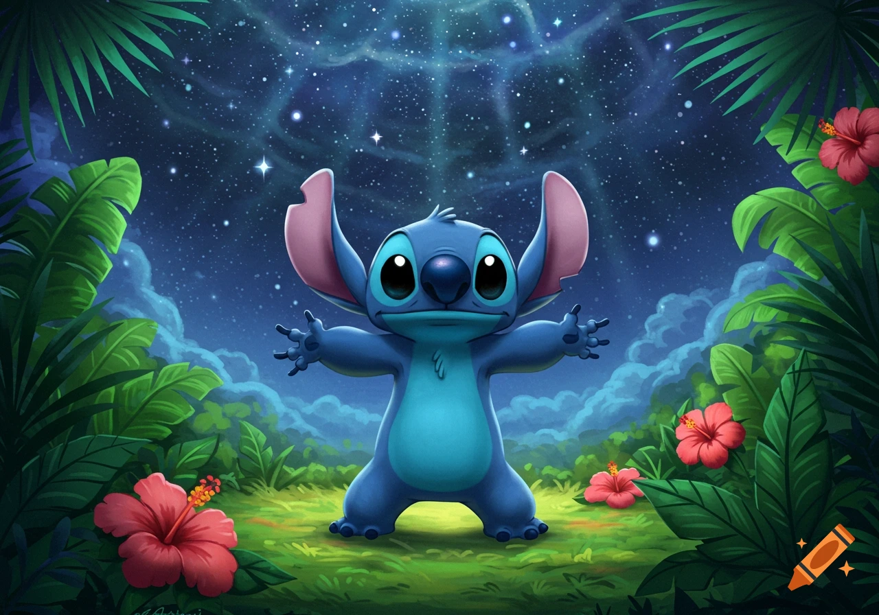 Cartoon character Stitch stands in a vibrant tropical jungle with hibiscus flowers under a starry night sky.