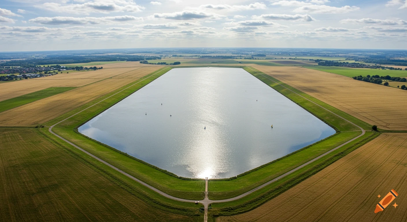 Aerial view of a large artificial lake surrounded by golden and green agricultural fields under a partly cloudy sky.