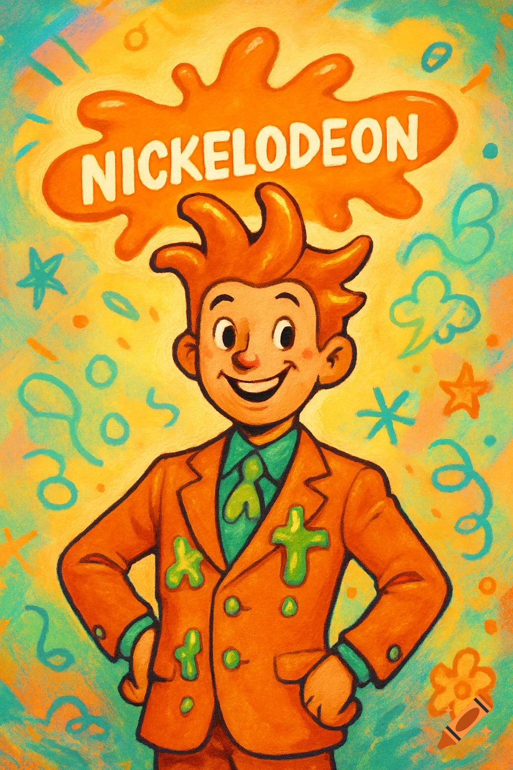 Vibrant painterly illustration of a smiling cartoon boy with orange spiky hair, wearing an orange suit with green slime, under a Nickelodeon logo splat.
