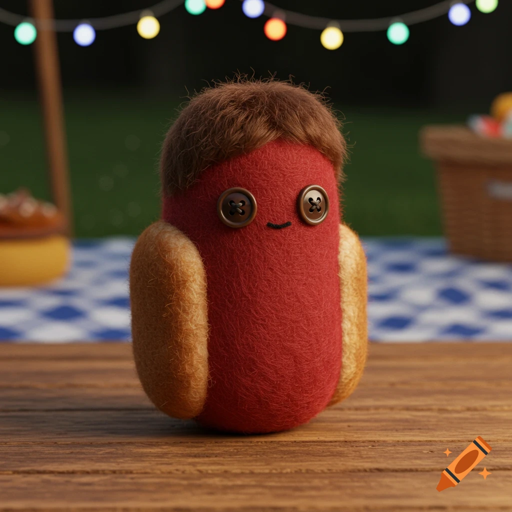A cute felt hotdog character with button eyes and a brown bob sits on a wooden picnic table. String lights and a checkered blanket are in the blurred background.