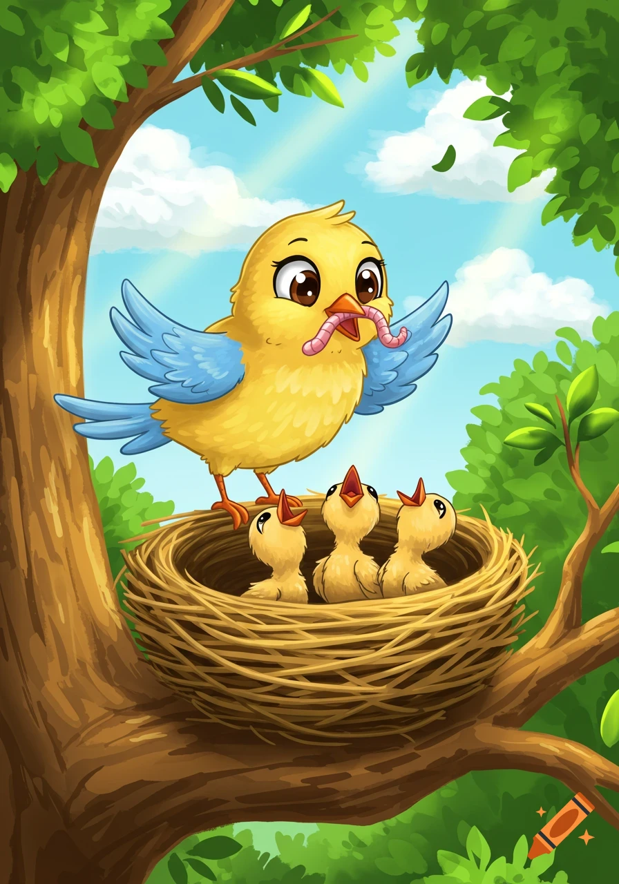 A cute yellow cartoon bird feeds a pink worm to its three baby chicks in a nest on a tree branch, under a bright blue sky.