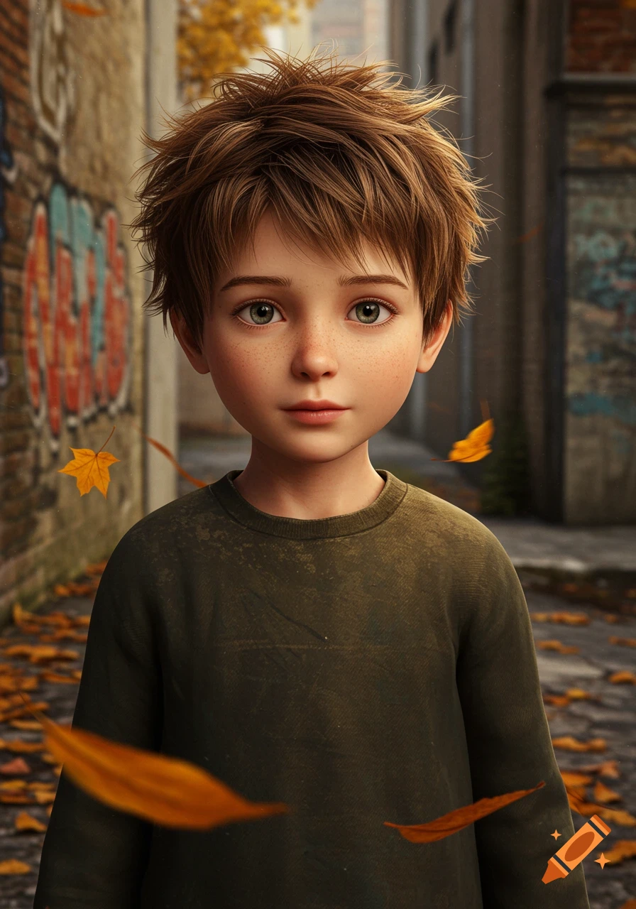 A detailed portrait of a young boy with messy brown hair, green eyes, and freckles, standing in an urban alley with autumn leaves.